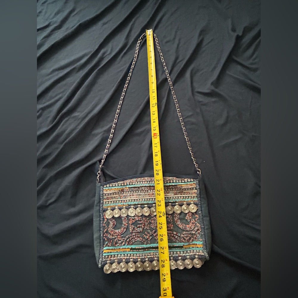 Zara Beaded Denim Crossbody Shoulder Bag Bohemian Metal Blue Hippie Boho - Picture 3 of 10